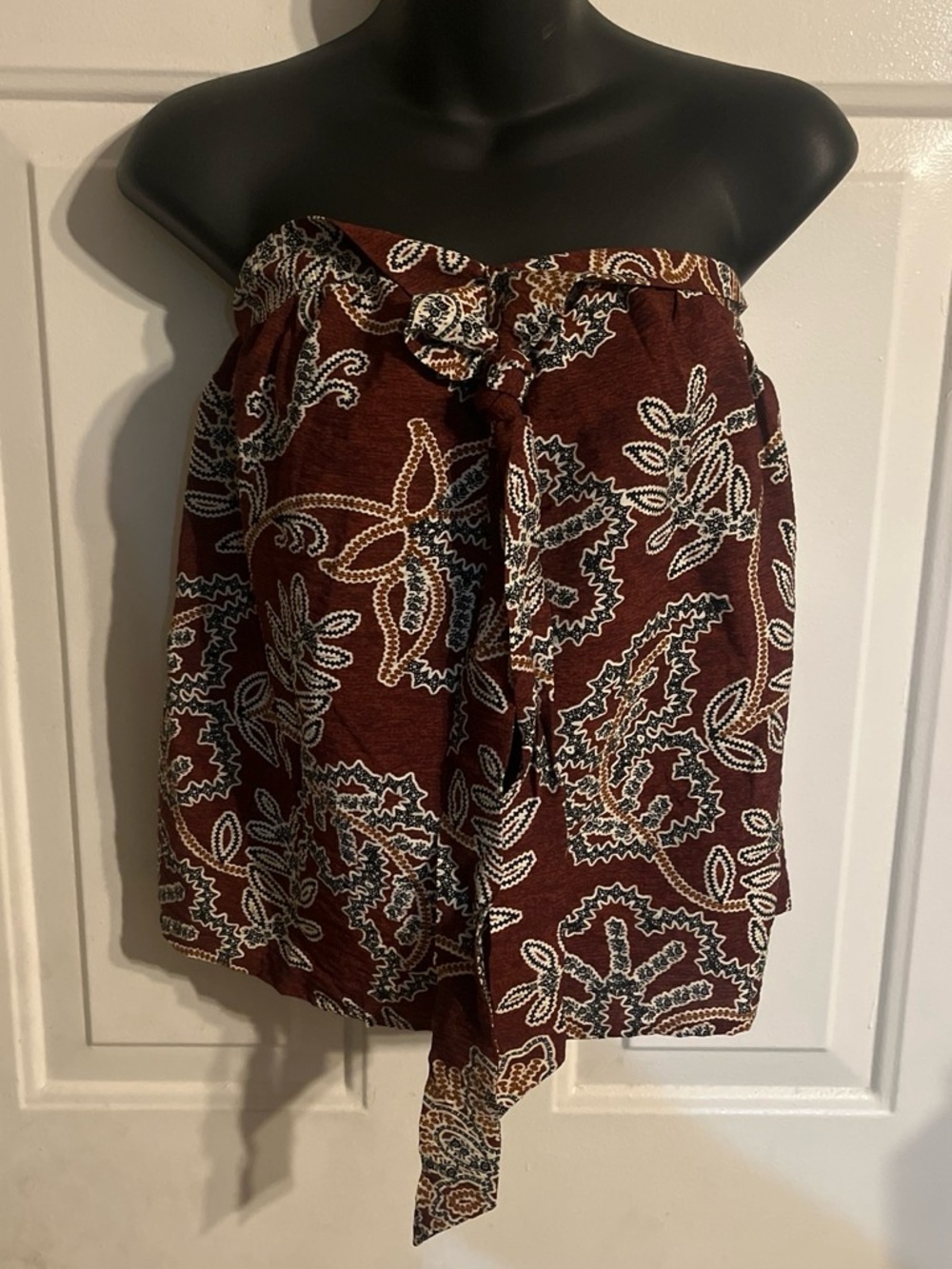 Time and Tru Burgundy Paisley Strapless Tie-Front Blouse